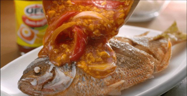 NutriAsia - fried fish with tamis-anghang sauce with sarciado.